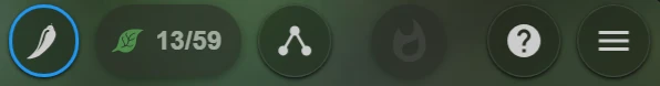 DuoNat's top bar: a chili-pepper icon, a green leaf beside the count 13 of 59, then buttons for ancestry, the daily streak, help and the menu.