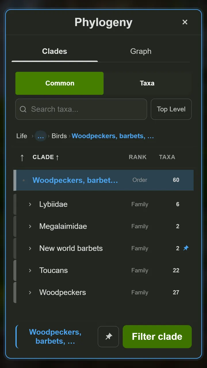 DuoNat's phylogeny browser, listing the families inside the woodpeckers-and-barbets order with the number of taxa in each.